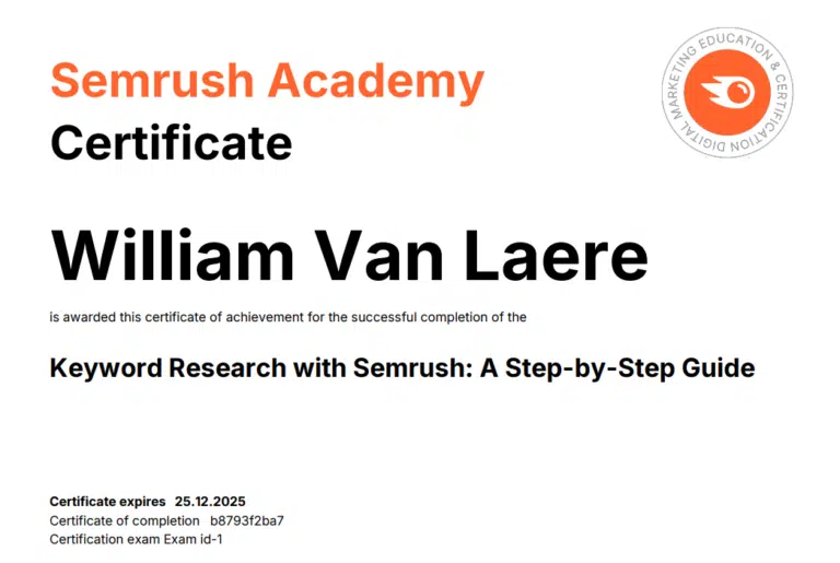 Certificaat Semrush William zoekwoordenonderzoek SEO