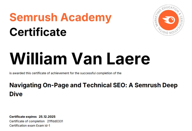 Certificaat Semrush William on-page SEO